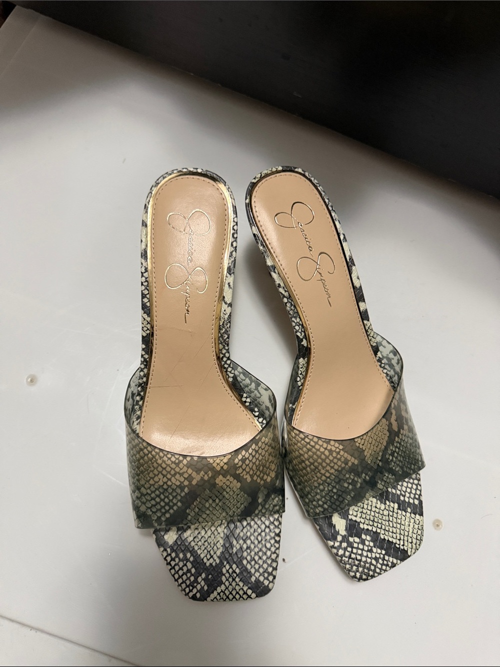 Jessica Simpson Olive Snake-Print Open-Toe Slingback Heels - Picture 2 of 7